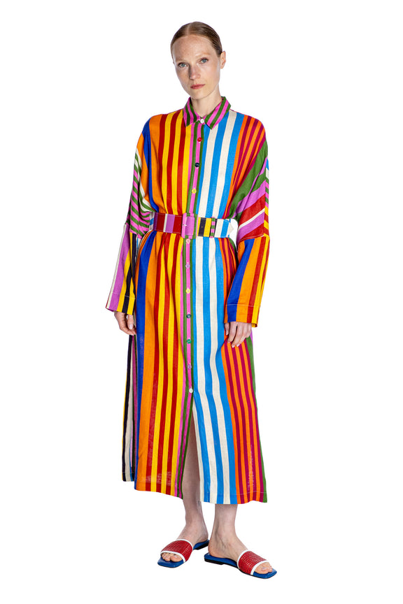 'TANGIER STRIPE' BELTED BUTTON DOWN SHIRT DRESS - - Libertine