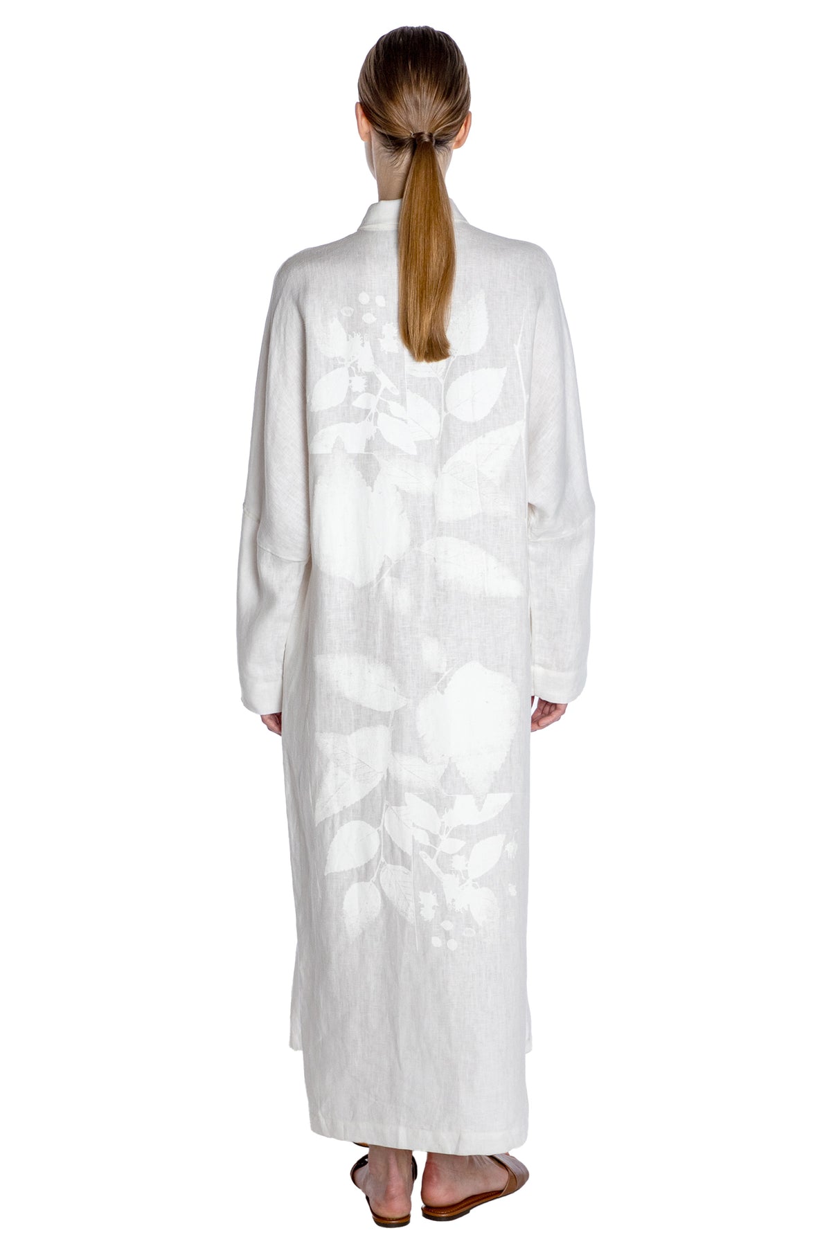 'WHITE ON WHITE HAND SILK SCREEN' BELTED BUTTON DOWN SHIRT DRESS - - Libertine