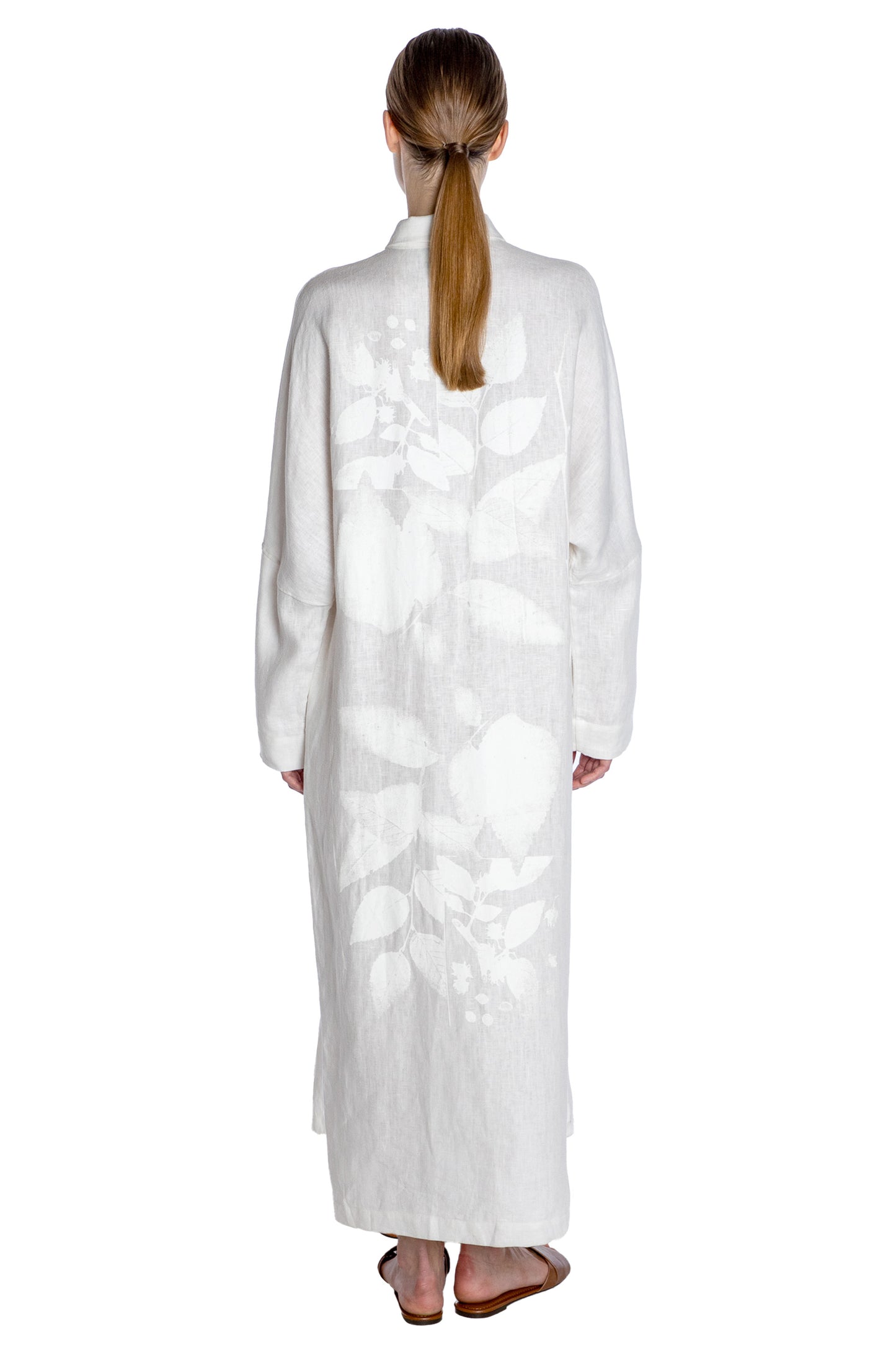 'WHITE ON WHITE HAND SILK SCREEN' BELTED BUTTON DOWN SHIRT DRESS - - Libertine