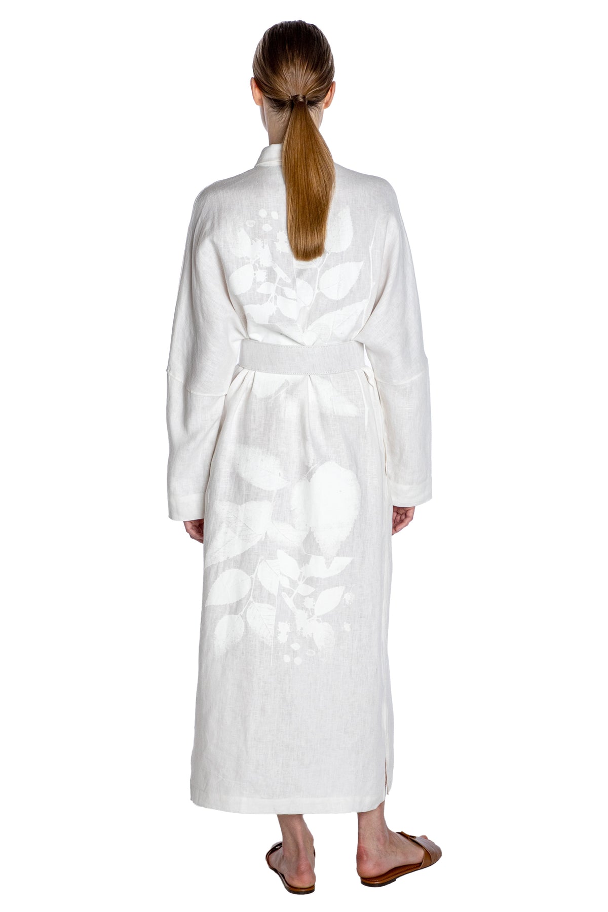 'WHITE ON WHITE HAND SILK SCREEN' BELTED BUTTON DOWN SHIRT DRESS - - Libertine