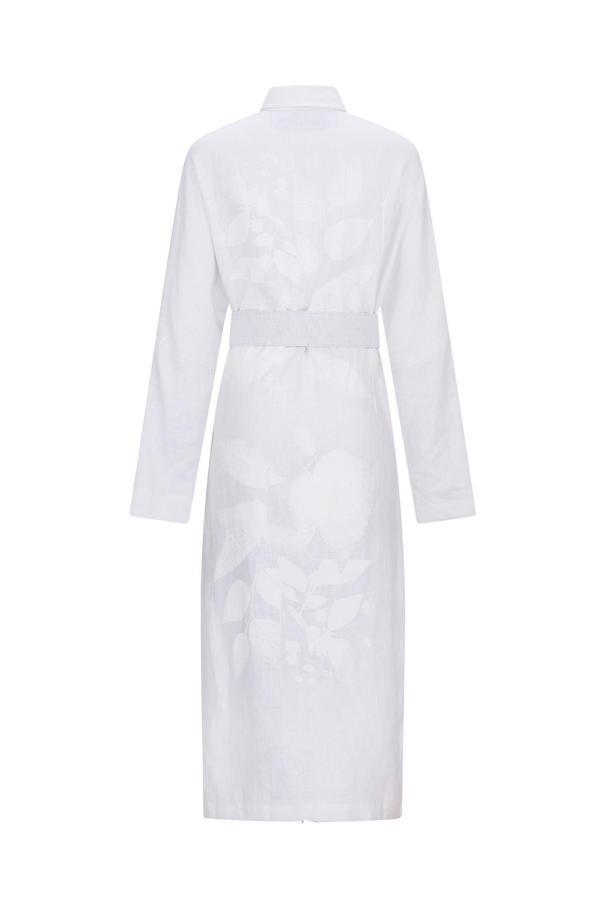 'WHITE ON WHITE HAND SILK SCREEN' BELTED BUTTON DOWN SHIRT DRESS - - Libertine