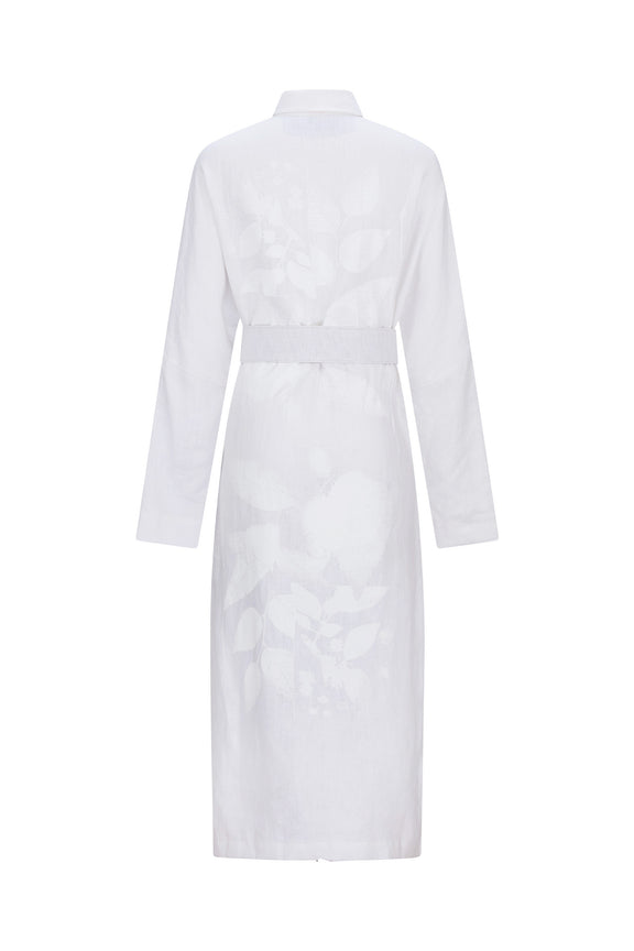 'WHITE ON WHITE HAND SILK SCREEN' BELTED BUTTON DOWN SHIRT DRESS - - Libertine