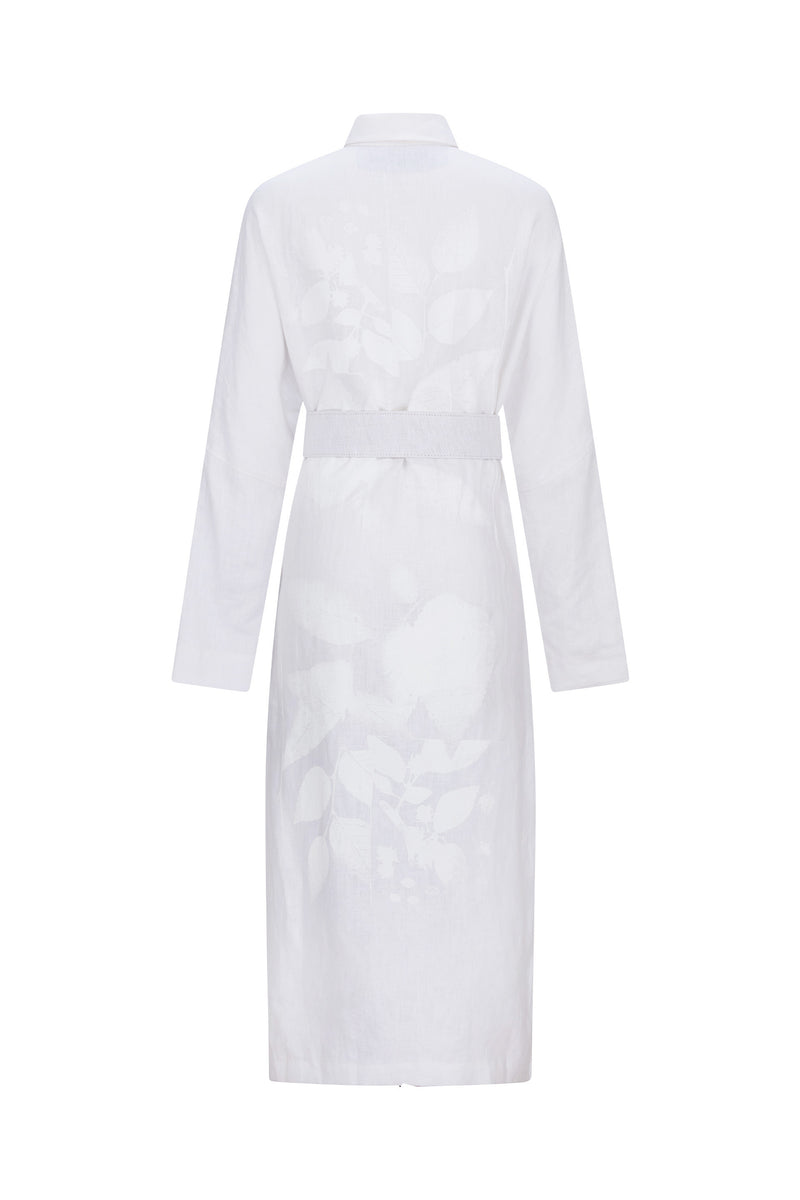 'WHITE ON WHITE HAND SILK SCREEN' BELTED BUTTON DOWN SHIRT DRESS - - Libertine
