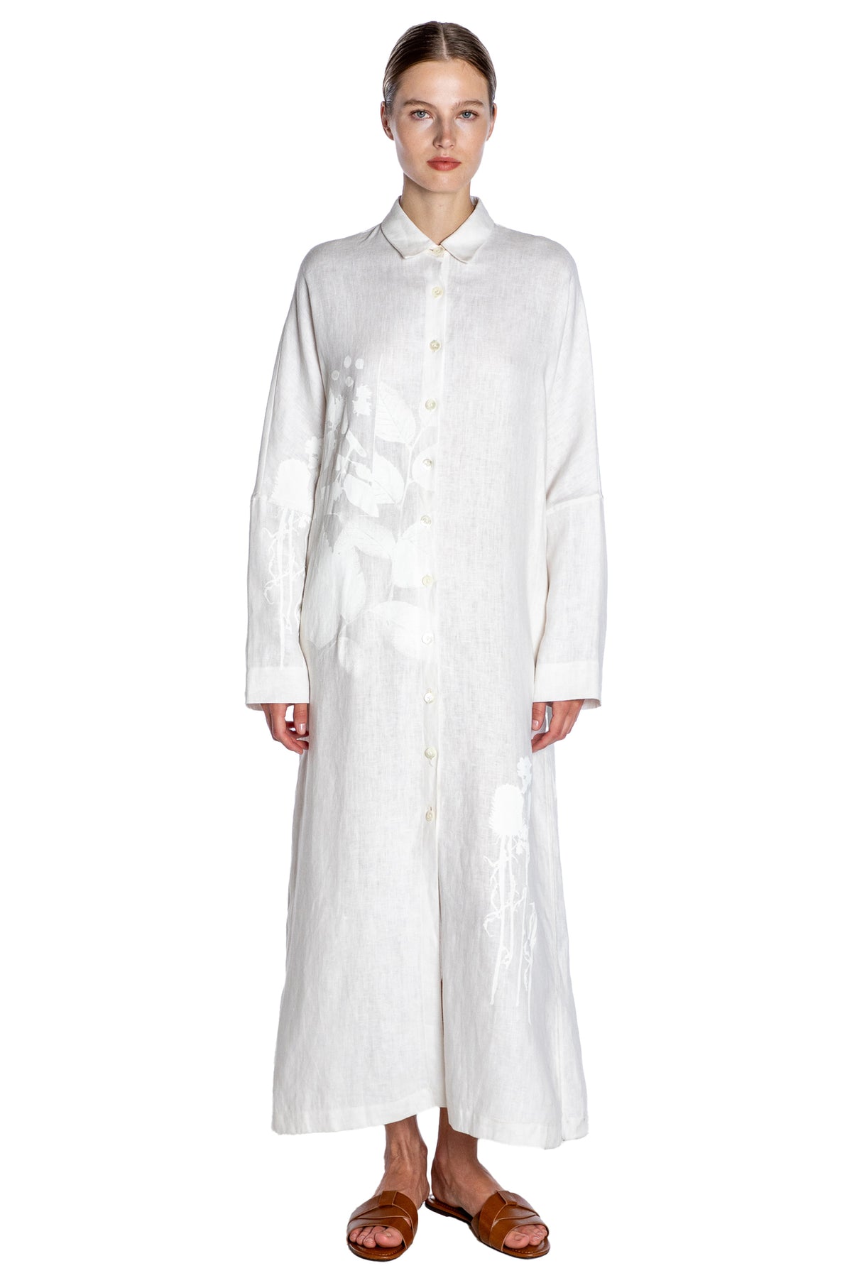 'WHITE ON WHITE HAND SILK SCREEN' BELTED BUTTON DOWN SHIRT DRESS - - Libertine