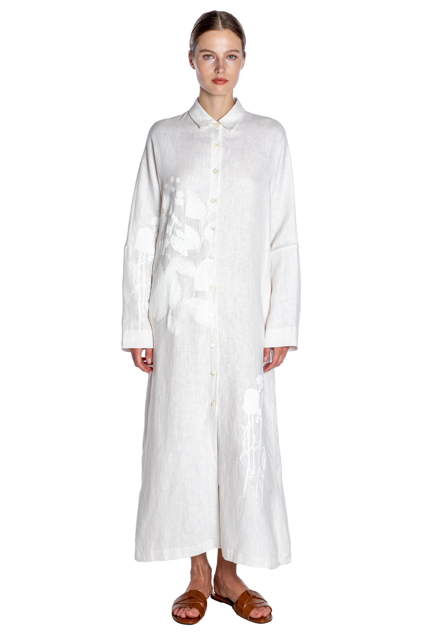 'WHITE ON WHITE HAND SILK SCREEN' BELTED BUTTON DOWN SHIRT DRESS - - Libertine