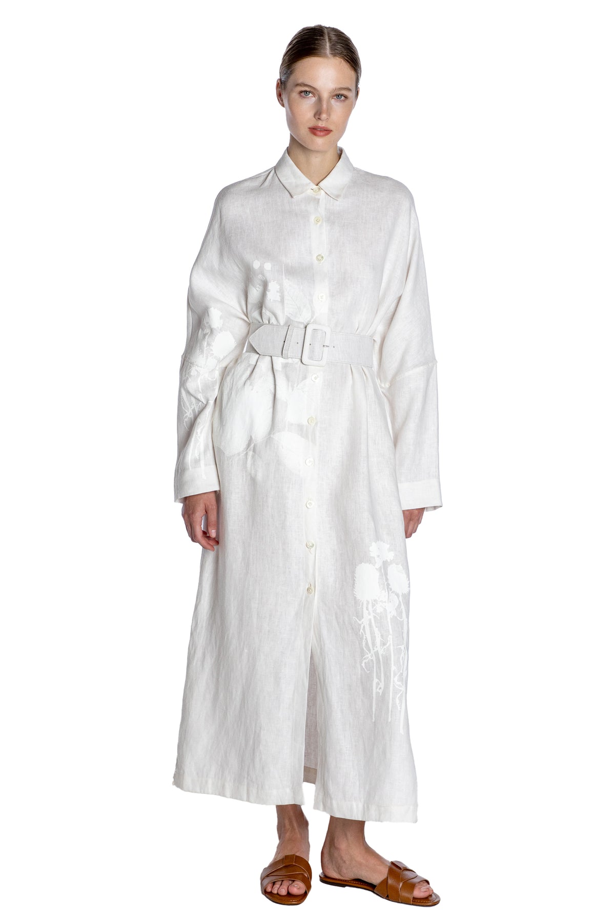 'WHITE ON WHITE HAND SILK SCREEN' BELTED BUTTON DOWN SHIRT DRESS - - Libertine
