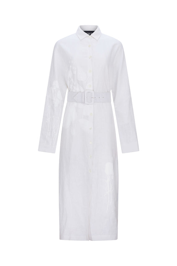 'WHITE ON WHITE HAND SILK SCREEN' BELTED BUTTON DOWN SHIRT DRESS - - Libertine - Main image