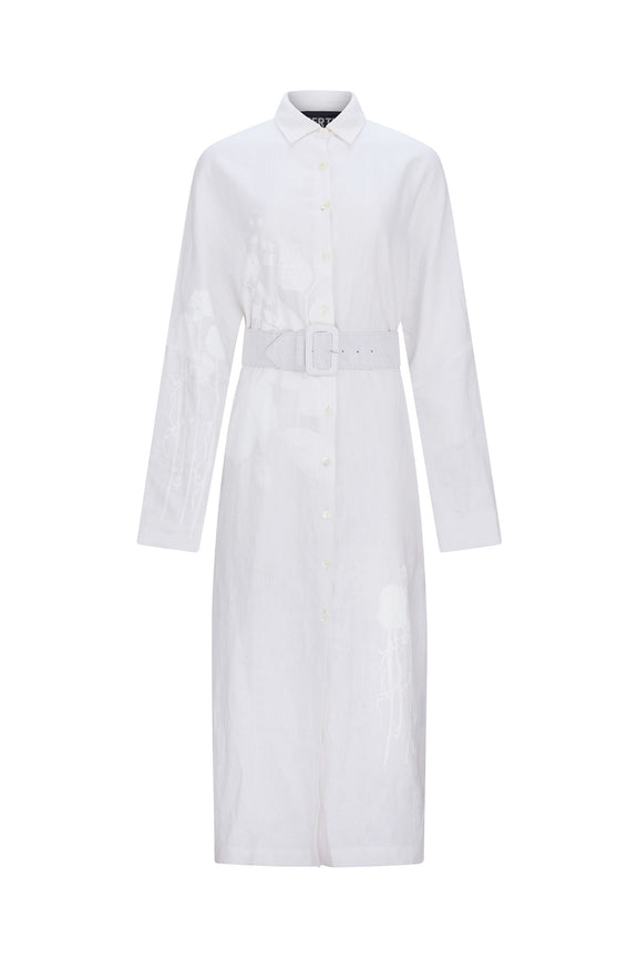 'WHITE ON WHITE HAND SILK SCREEN' BELTED BUTTON DOWN SHIRT DRESS - - Libertine