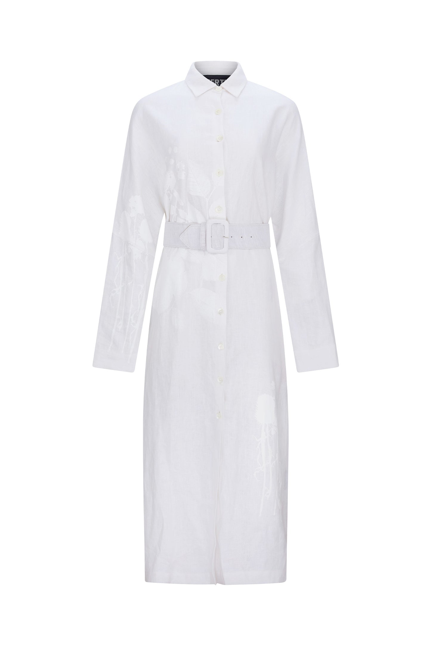 'WHITE ON WHITE HAND SILK SCREEN' BELTED BUTTON DOWN SHIRT DRESS - - Libertine