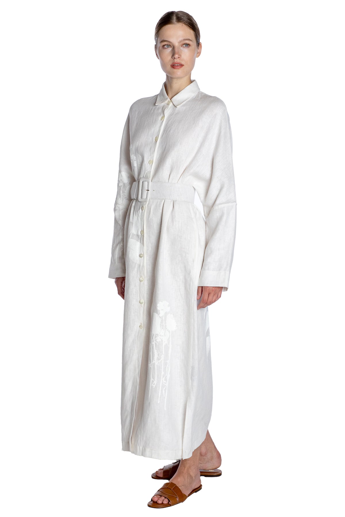 'WHITE ON WHITE HAND SILK SCREEN' BELTED BUTTON DOWN SHIRT DRESS - - Libertine