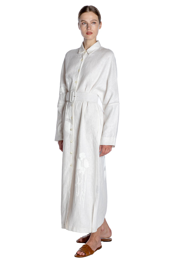 'WHITE ON WHITE HAND SILK SCREEN' BELTED BUTTON DOWN SHIRT DRESS - - Libertine