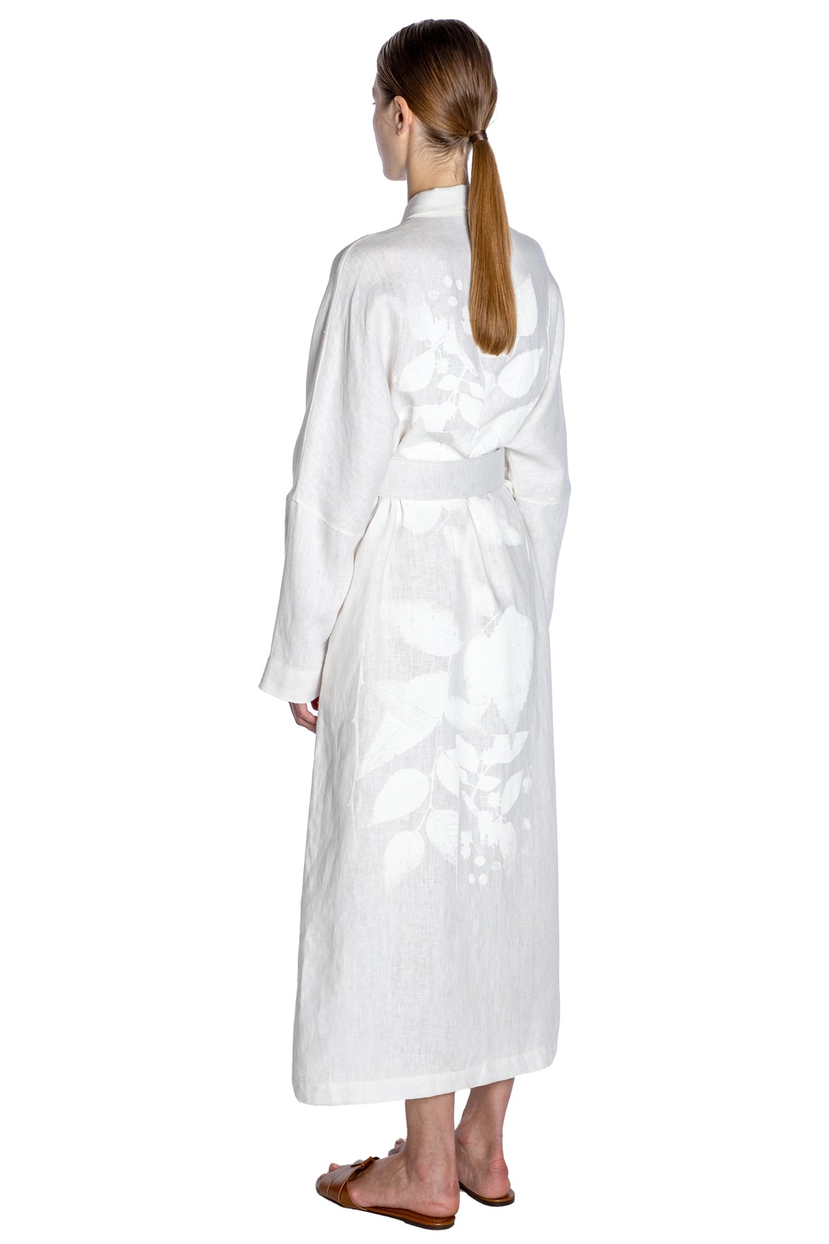 'WHITE ON WHITE HAND SILK SCREEN' BELTED BUTTON DOWN SHIRT DRESS - - Libertine