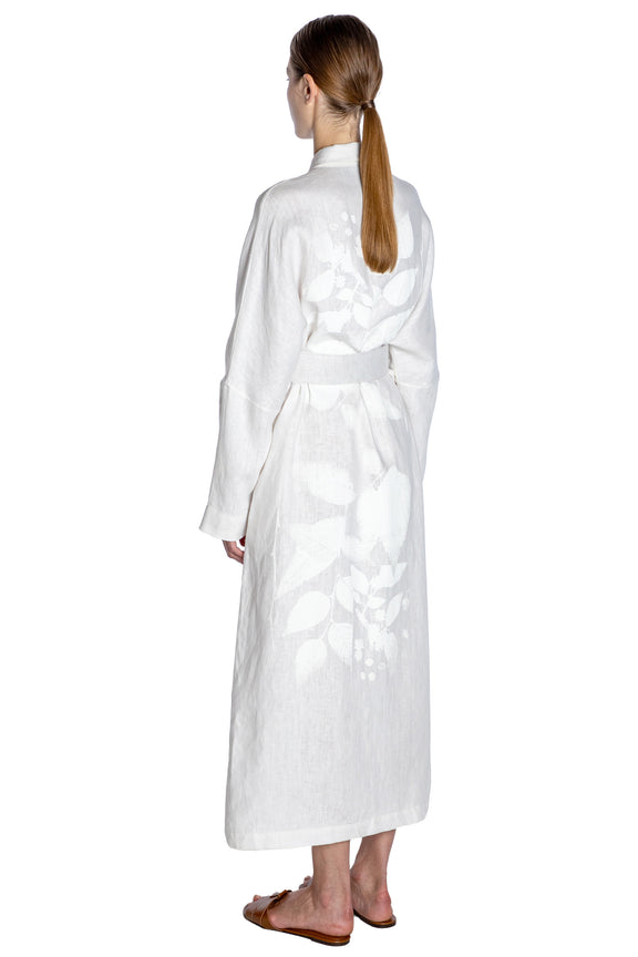'WHITE ON WHITE HAND SILK SCREEN' BELTED BUTTON DOWN SHIRT DRESS - - Libertine
