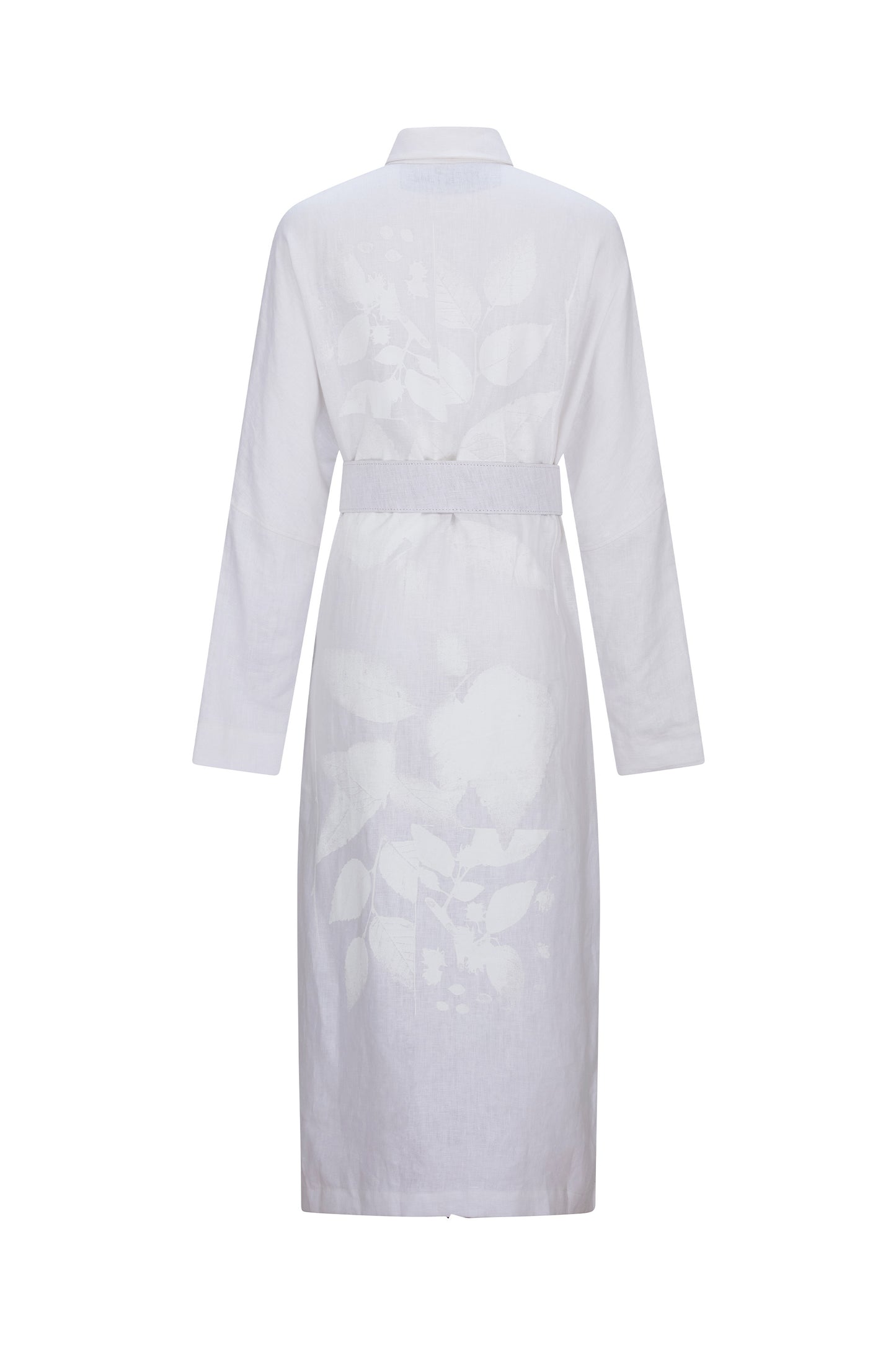 'WHITE ON WHITE HAND SILK SCREEN' BELTED BUTTON DOWN SHIRT DRESS