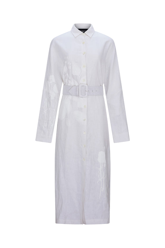 'WHITE ON WHITE HAND SILK SCREEN' BELTED BUTTON DOWN SHIRT DRESS - Main image
