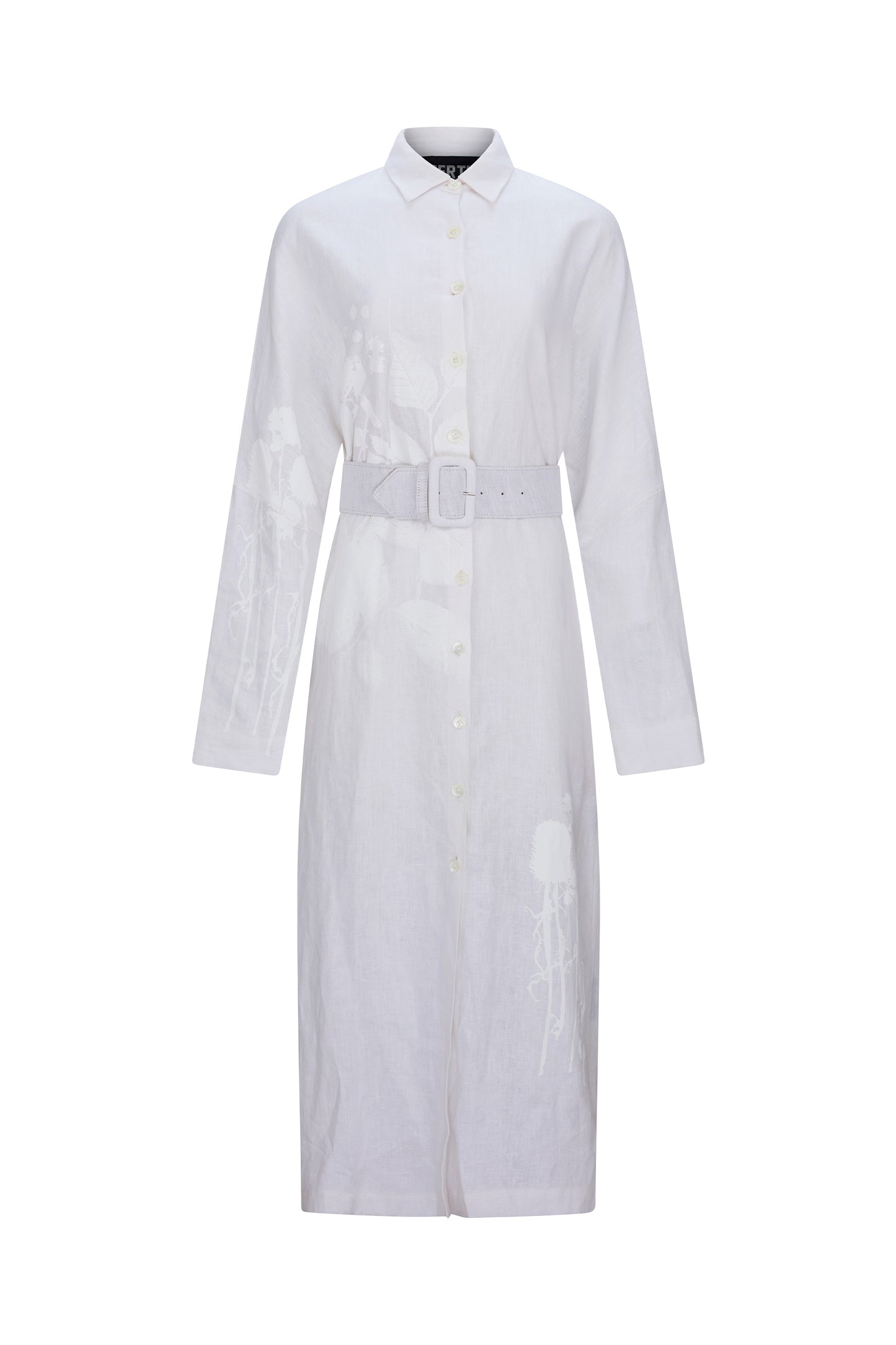 'WHITE ON WHITE HAND SILK SCREEN' BELTED BUTTON DOWN SHIRT DRESS