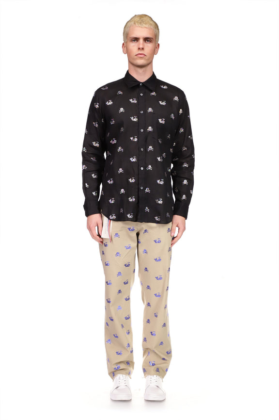 SKULLS AND WHALES CLASSIC SHIRT IN BLACK LINEN - Men's Tops - Libertine