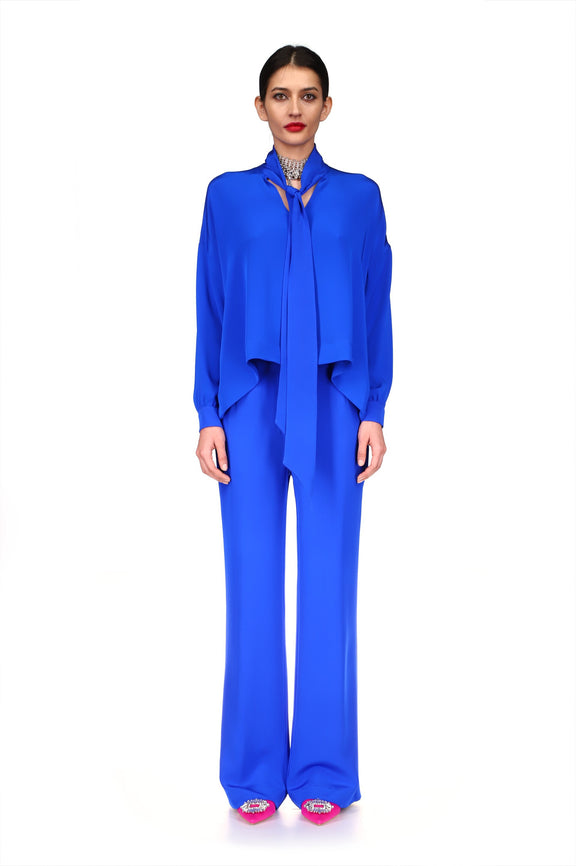 'OVERSATURATED SILKS' BLUE WIDE LEG TROUSERS - PANTS - Libertine