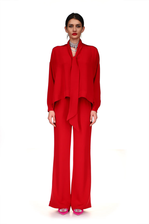 'OVERSATURATED SILKS' RED TIE BLOUSE - TOPS - Libertine