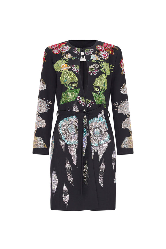 'BONSAI COLLAGE' BELTED COLLARLESS COAT - - Libertine