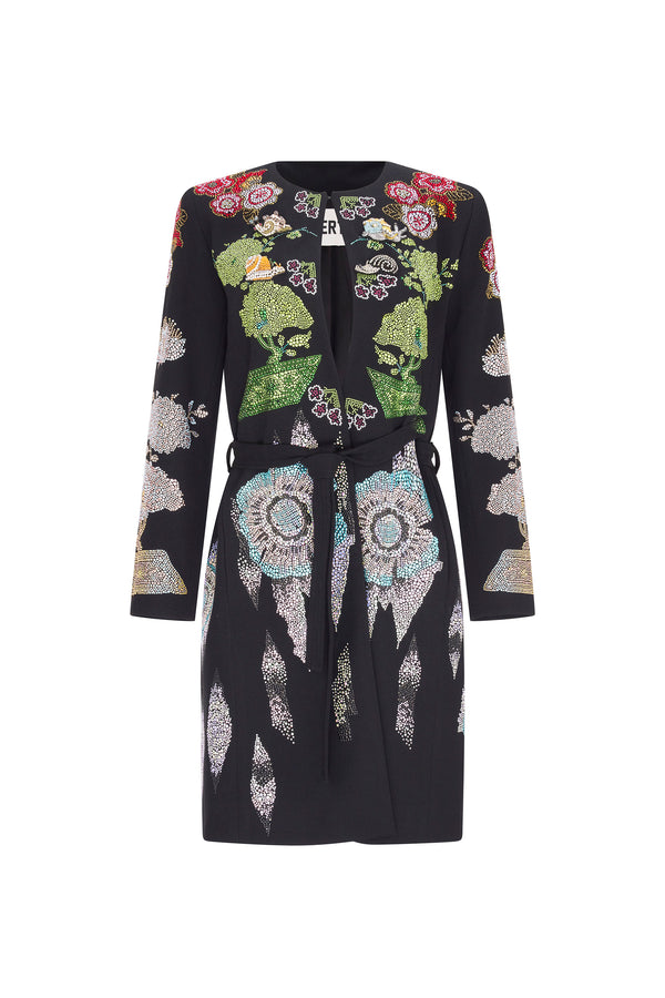 'BONSAI COLLAGE' BELTED COLLARLESS COAT - - Libertine