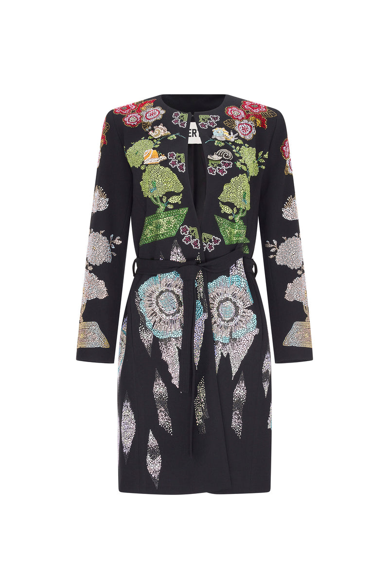 'BONSAI COLLAGE' BELTED COLLARLESS COAT - - Libertine