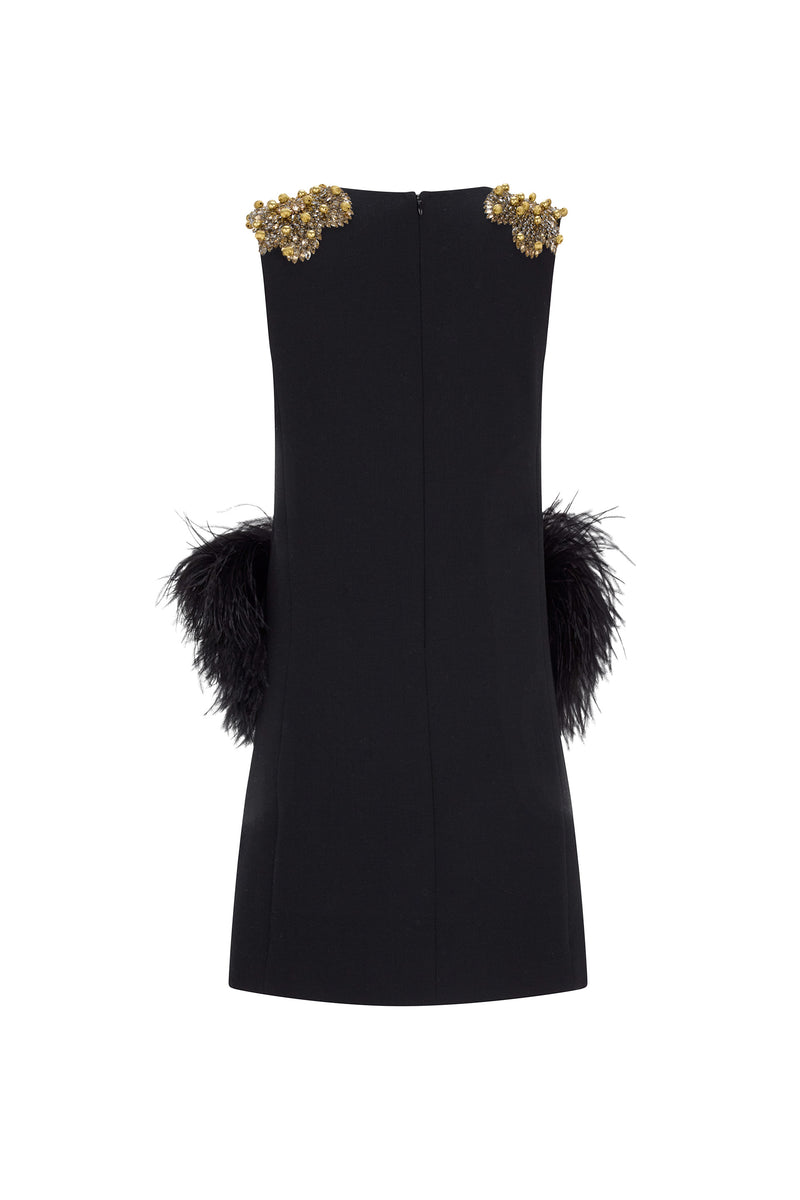 'GOLD SHOULDER' EMBELLISHED SHIFT DRESS WITH FEATHERS - - Libertine