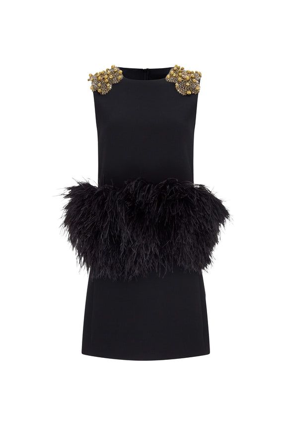 'GOLD SHOULDER' EMBELLISHED SHIFT DRESS WITH FEATHERS - - Libertine