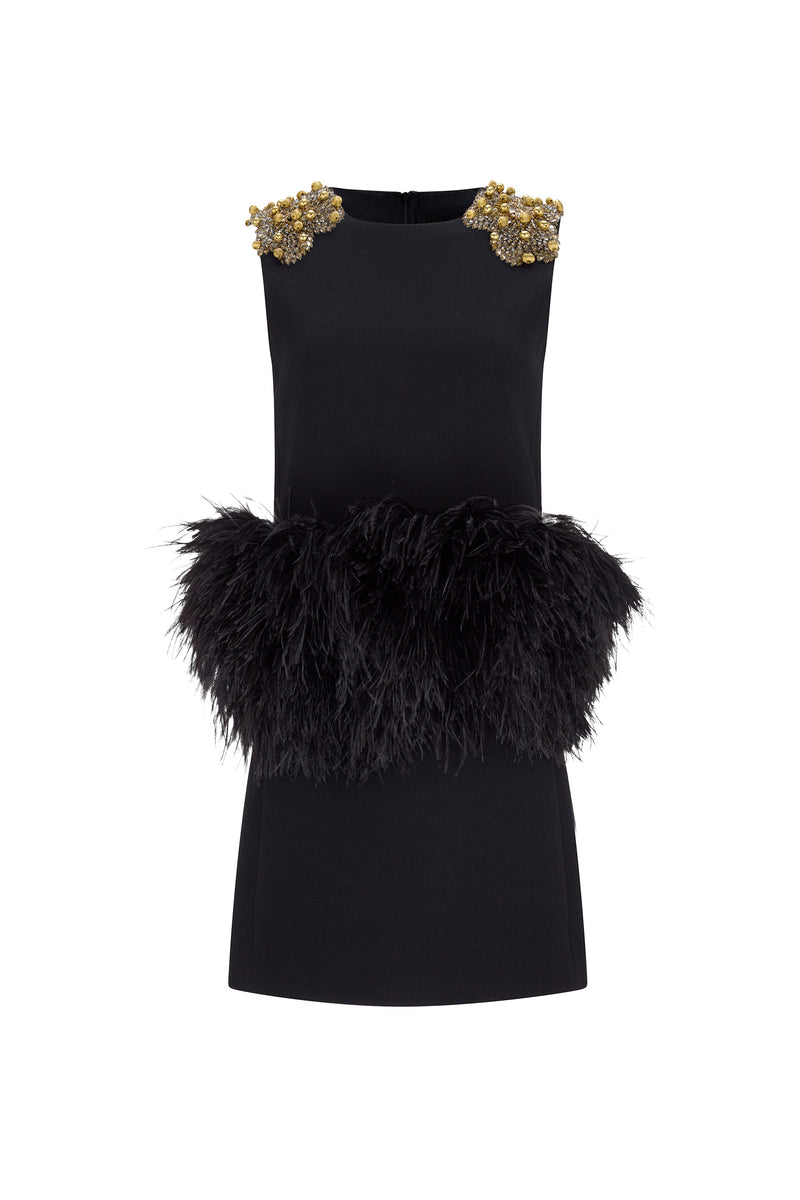 'GOLD SHOULDER' EMBELLISHED SHIFT DRESS WITH FEATHERS - - Libertine