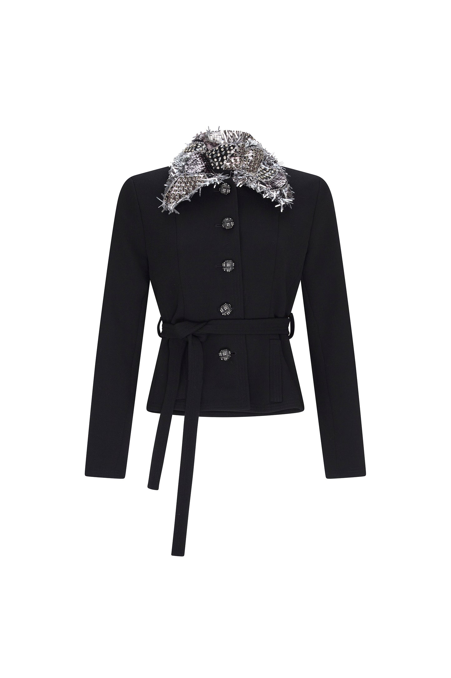 'JEWELRY COLLAR' EMBELLISHED BELTED JACKET - - Libertine