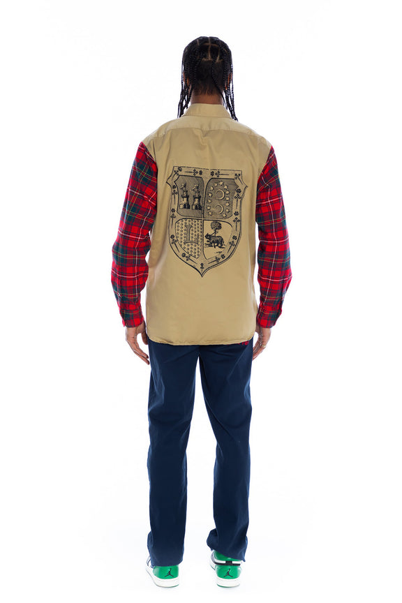 SILK SCREENED ‘FLOWER GARLAND MULTI' KHAKI PLAID SHIRT - Men's Tops - Libertine