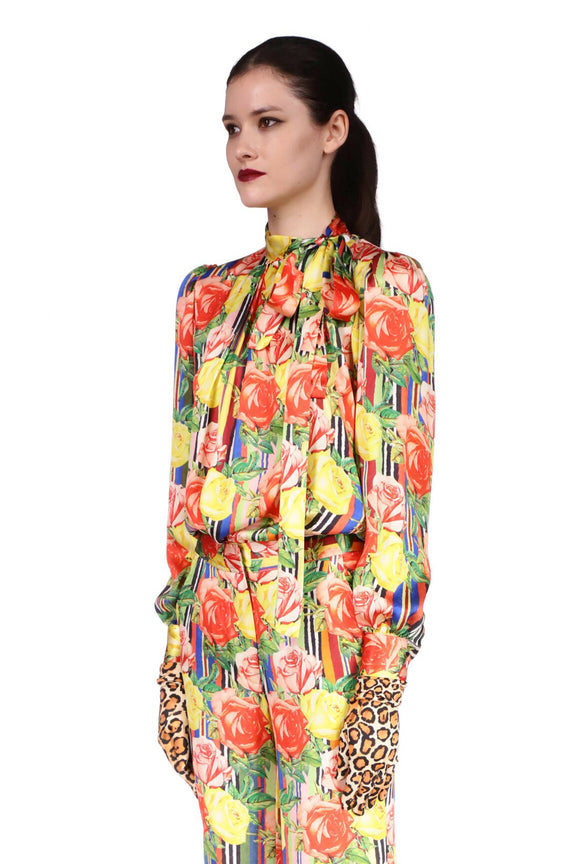 'Tequila Sunrise Roses' Tie Collar Blouse - TOPS - Libertine