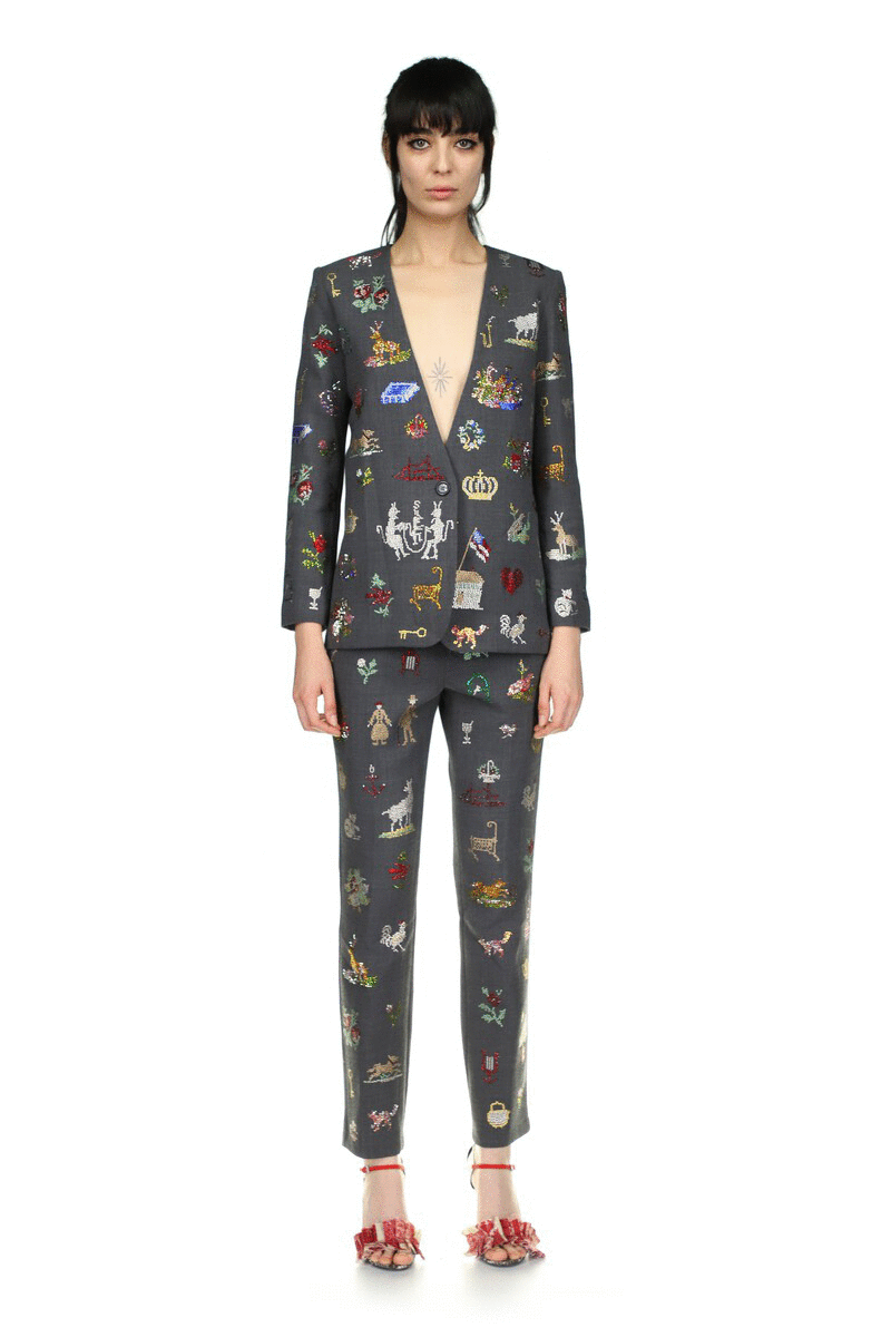 '19th Century Sampler' Narrow Pants - Women's Bottoms - Libertine|https://cdn.shopify.com/videos/c/o/v/9fc94c5d1bdc453ab989ee2ce82f0c90.mp4