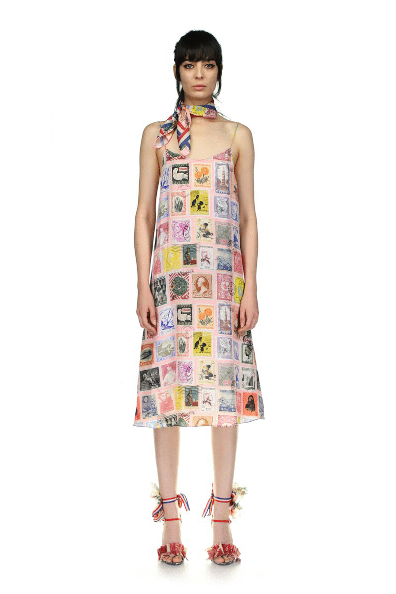 'Sending our love Stamps' Straight Slip Dress - Women's Dresses - Libertine|https://cdn.shopify.com/videos/c/o/v/8f0a3574cc7b44beaa7041c109c9185c.mp4