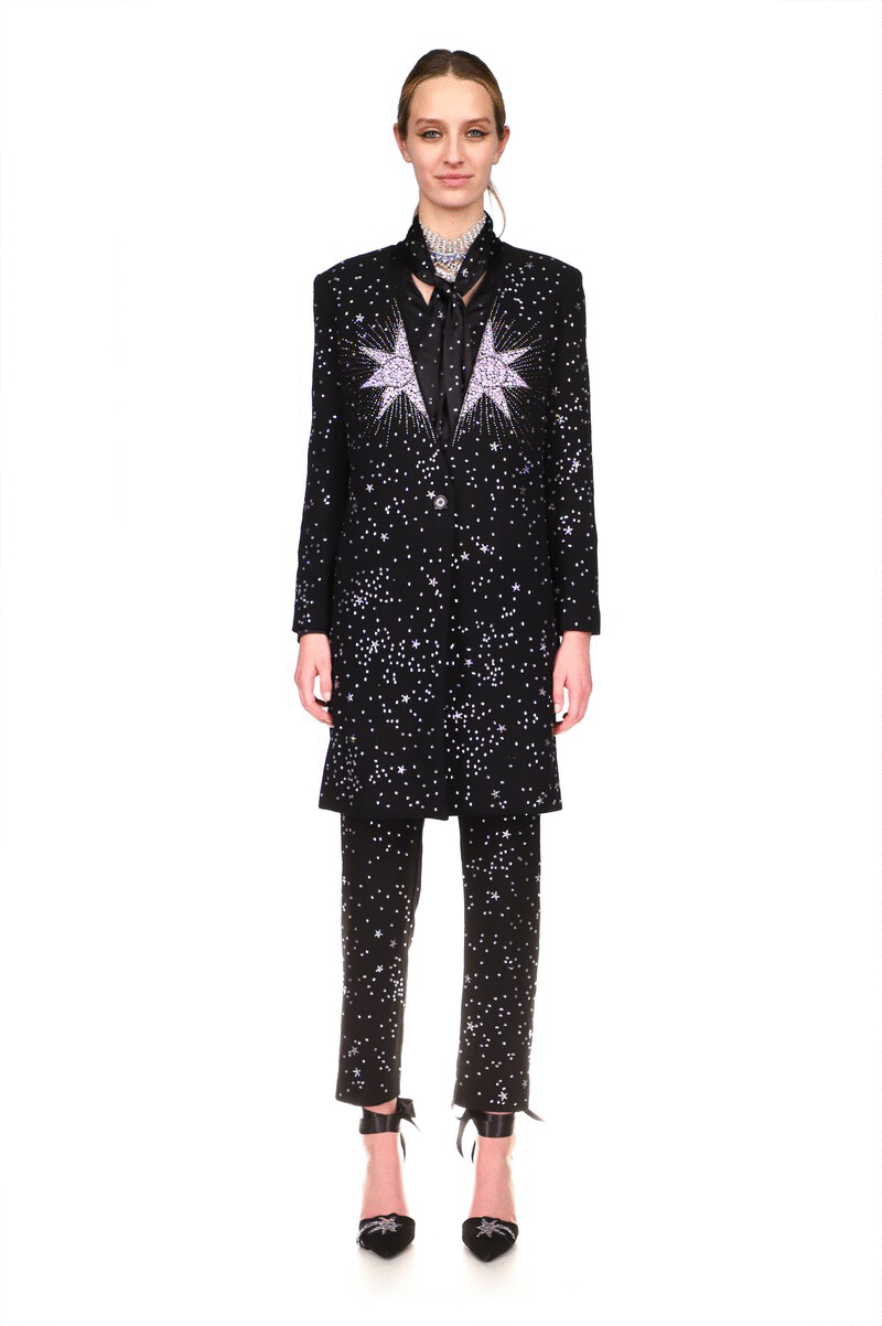 CRYSTAL 'PINK STAR' SLIM V-NECK COAT - COATS - Libertine|https://cdn.shopify.com/videos/c/o/v/fded424a8dd640a3a4baf9dbd404bf11.mp4