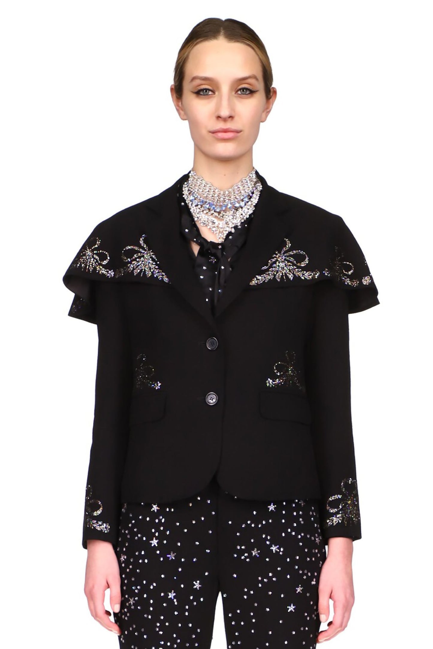 CRYSTAL 'GEORGIAN REVIVAL' CAPED JACKET WITH 'FORGET ME NOTS' - BLAZERS - Libertine