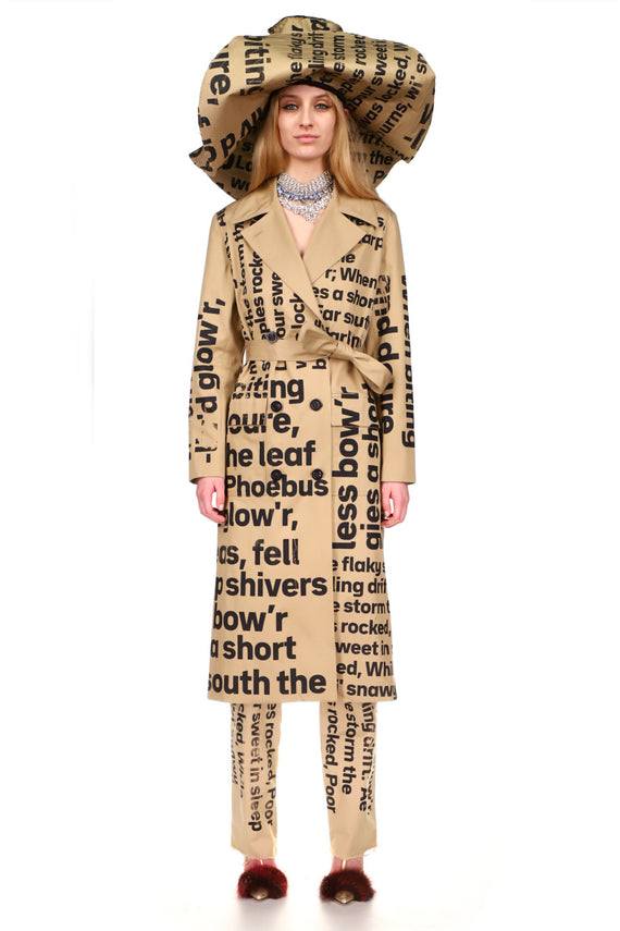 SILK SCREENED ‘ROBERT BURN'S WINTER'S NIGHT' LONG LEAN TRENCH IN KHAKI - COATS - Libertine - Main image