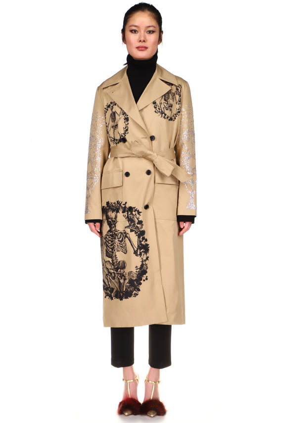SILK SCREENED 'TOMBES' LONG LEAN TRENCH IN KHAKI WITH CRYSTAL SLEEVES - COATS - Libertine