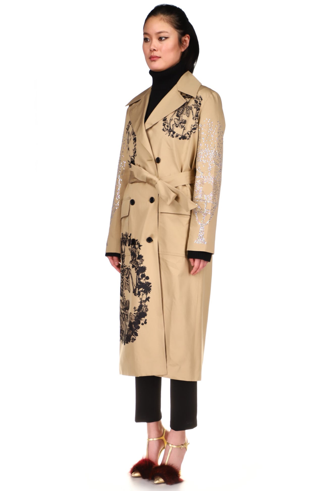 SILK SCREENED 'TOMBES' LONG LEAN TRENCH IN KHAKI WITH CRYSTAL SLEEVES - COATS - Libertine