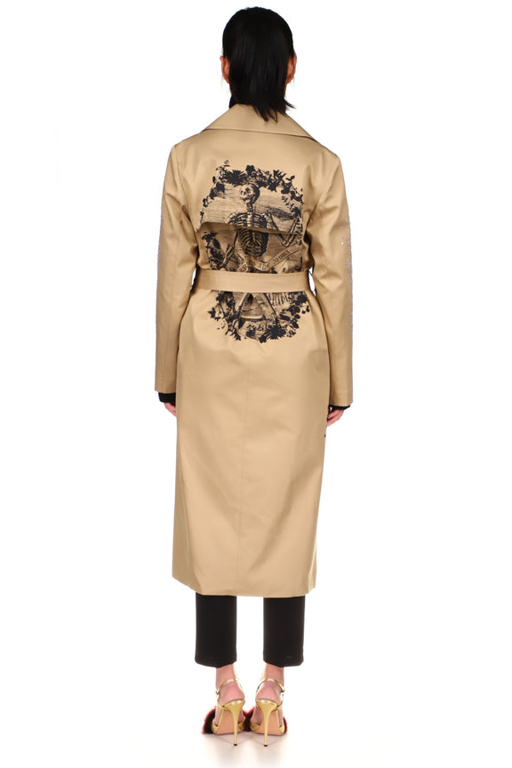 SILK SCREENED 'TOMBES' LONG LEAN TRENCH IN KHAKI WITH CRYSTAL SLEEVES - COATS - Libertine