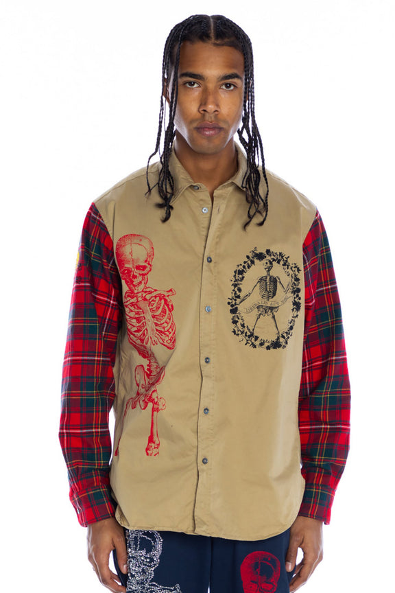 SILK SCREENED ‘FLOWER GARLAND MULTI' KHAKI PLAID SHIRT - Men's Tops - Libertine