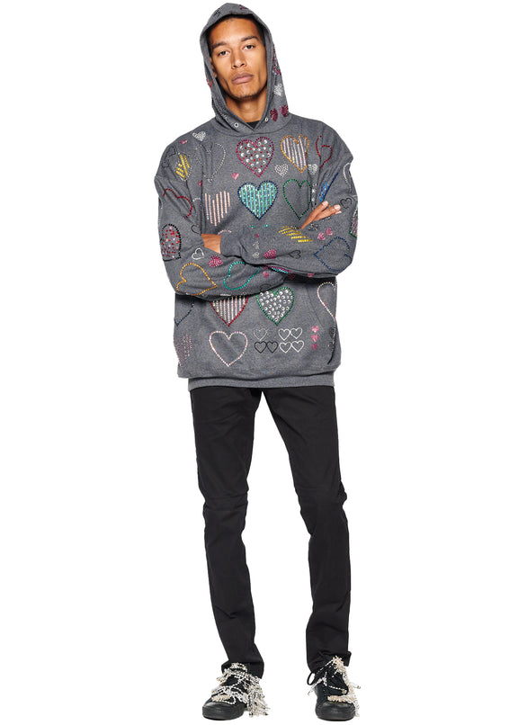 ALLOVER HEARTS GREY HOODIE PULLOVER SWEATSHIRT - SWEATSHIRTS - Libertine