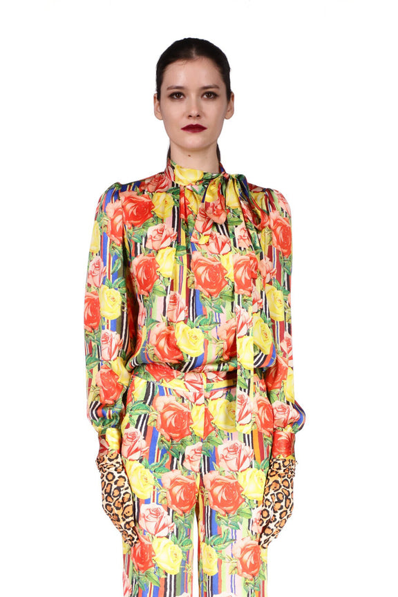 'Tequila Sunrise Roses' Tie Collar Blouse - TOPS - Libertine