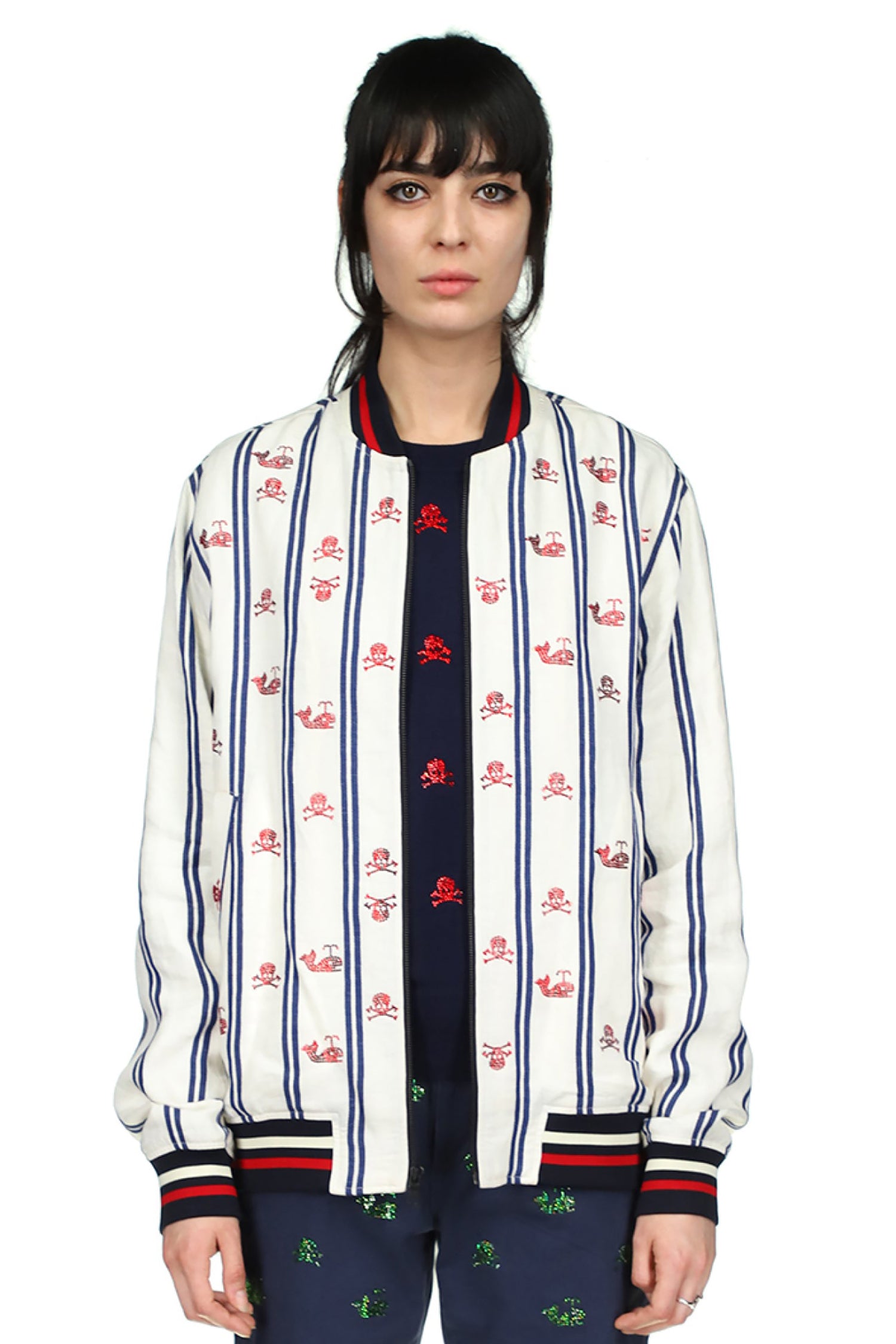 Skulls Vintage French Ticking Stripe Bomber Jacket - Women's Jackets & Coats - Libertine
