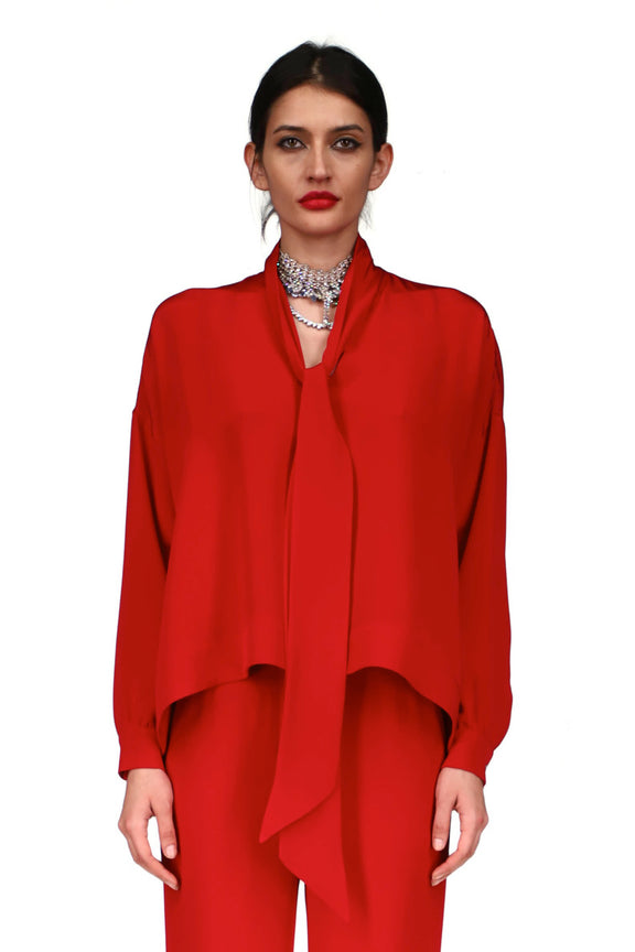 'OVERSATURATED SILKS' RED TIE BLOUSE - TOPS - Libertine