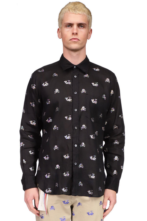 SKULLS AND WHALES CLASSIC SHIRT IN BLACK LINEN - Men's Tops - Libertine