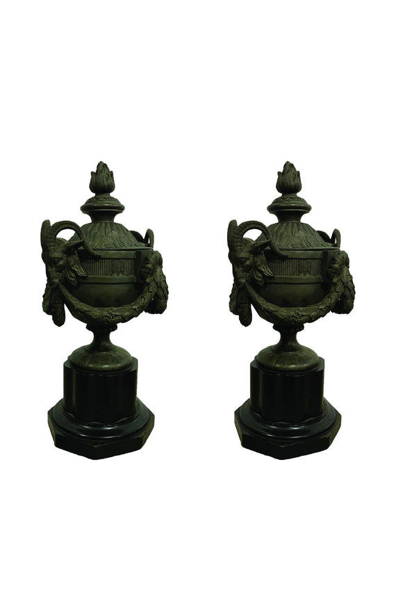 PAIR OF 19TH CENTURY FRENCH LE GRAND TOUR BRONZE URNS ON PAINTED WOOD BASES - Home - Libertine