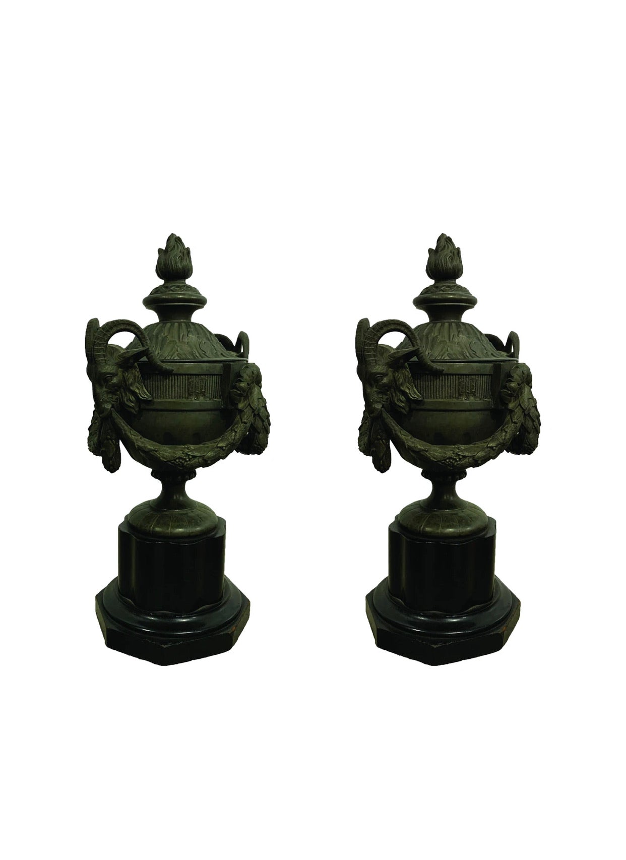 PAIR OF 19TH CENTURY FRENCH LE GRAND TOUR BRONZE URNS ON PAINTED WOOD BASES - Home - Libertine