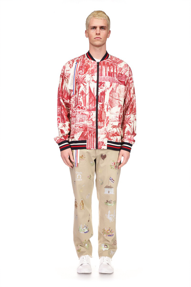 'Toile De Nantes' Bomber Jacket with Silk Screen Mélange - Men's Jackets & Coats - Libertine|https://cdn.shopify.com/videos/c/o/v/e2d06b58050d48b2967a157813f94e69.mp4