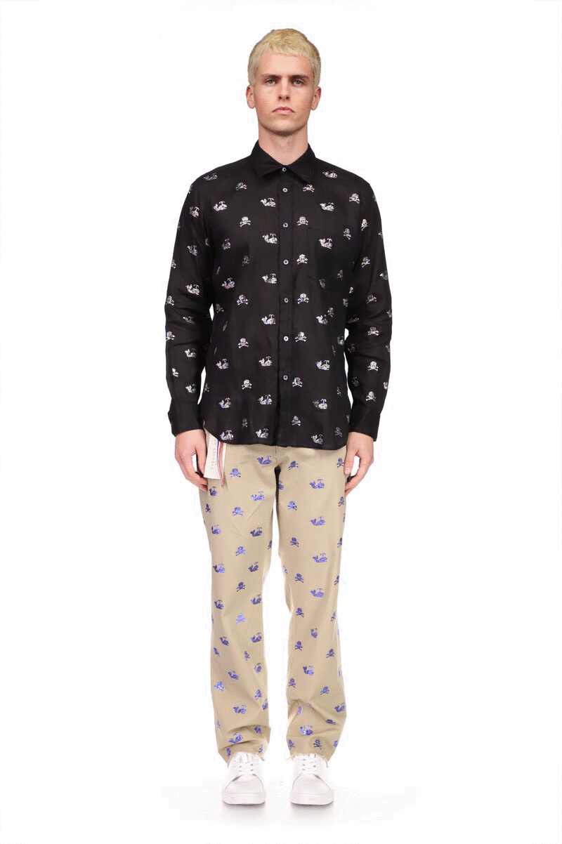 Men's Blue 'Skull Crossbones and Whales' Khaki Pants - Men's Bottoms - Libertine|https://cdn.shopify.com/videos/c/o/v/24ac7589b87a4562806e55e1b42c1d35.mp4